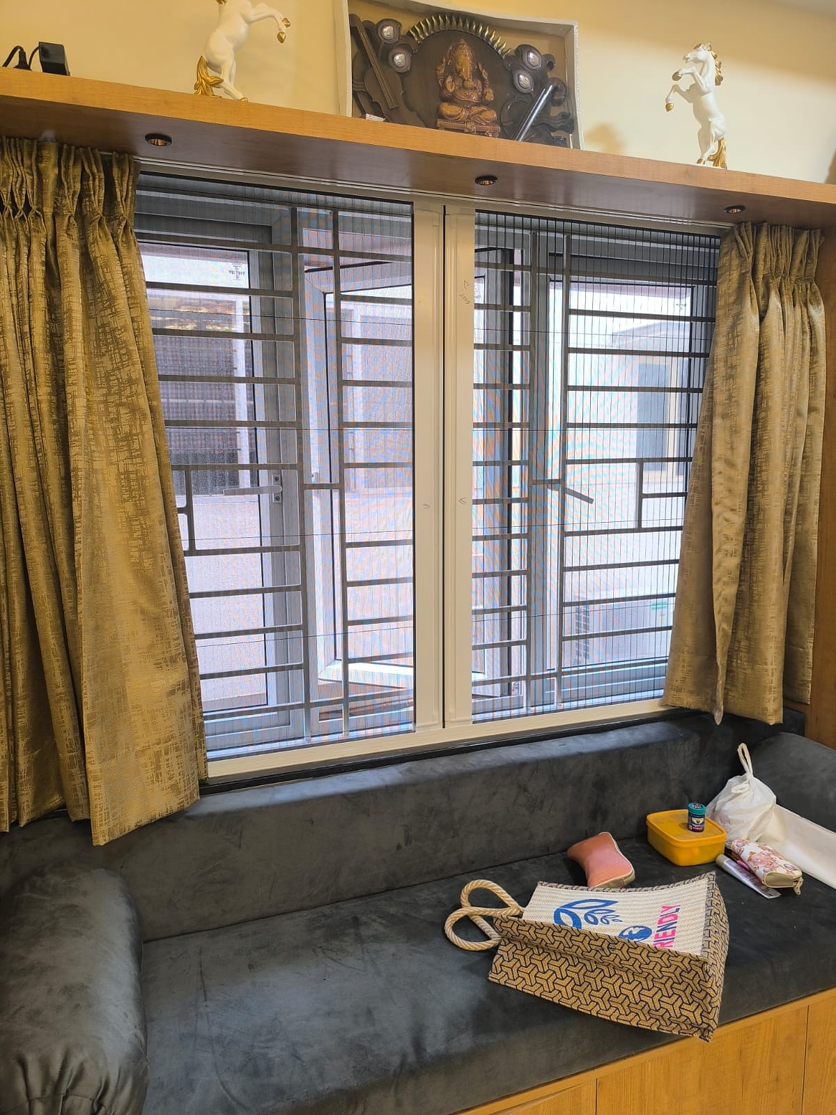 Window seat nook with mustard curtains